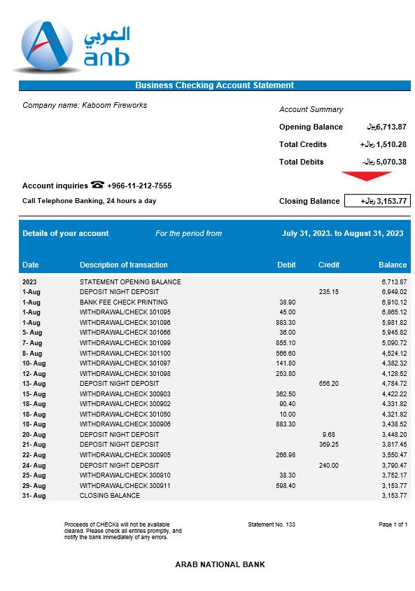 Modèle Word et PDF de relevé de compte courant de la société de la Banque nationale arabe